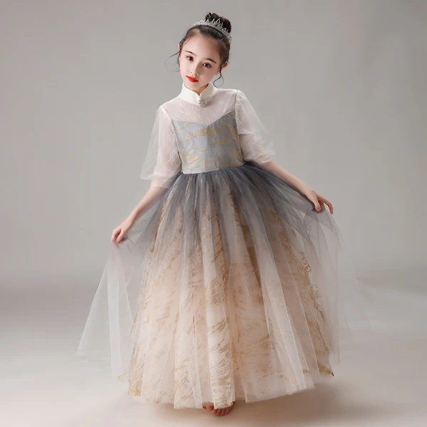 Vintage / Retro Champagne Gradient-Color Birthday Flower Girl Dresses 2020 Ball Gown High Neck Puffy 1/2 Sleeves Glitter Tulle Floor-Length / Long Ruffle