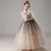 Vintage / Retro Champagne Gradient-Color Birthday Flower Girl Dresses 2020 Ball Gown High Neck Puffy 1/2 Sleeves Glitter Tulle Floor-Length / Long Ruffle
