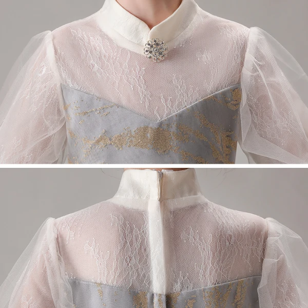 Vintage / Retro Champagne Gradient-Color Birthday Flower Girl Dresses 2020 Ball Gown High Neck Puffy 1/2 Sleeves Glitter Tulle Floor-Length / Long Ruffle