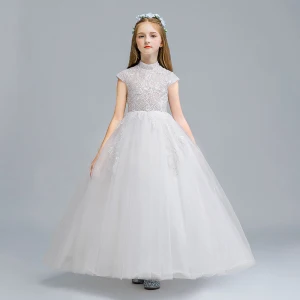 Vintage Retro White Flower Girl Dresses 2020 Ball Gown High Neck Sleeveless Appliques Lace Floor Length Long Ruffle