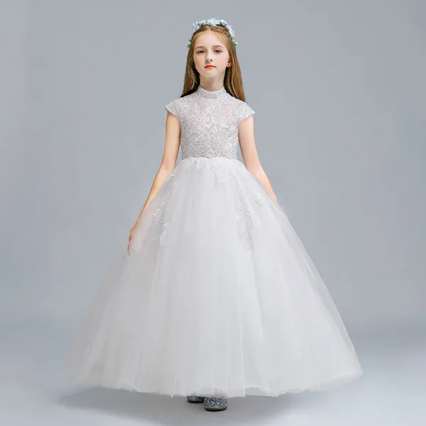 Vintage / Retro White Flower Girl Dresses 2020 Ball Gown High Neck Sleeveless Appliques Lace Floor-Length / Long Ruffle
