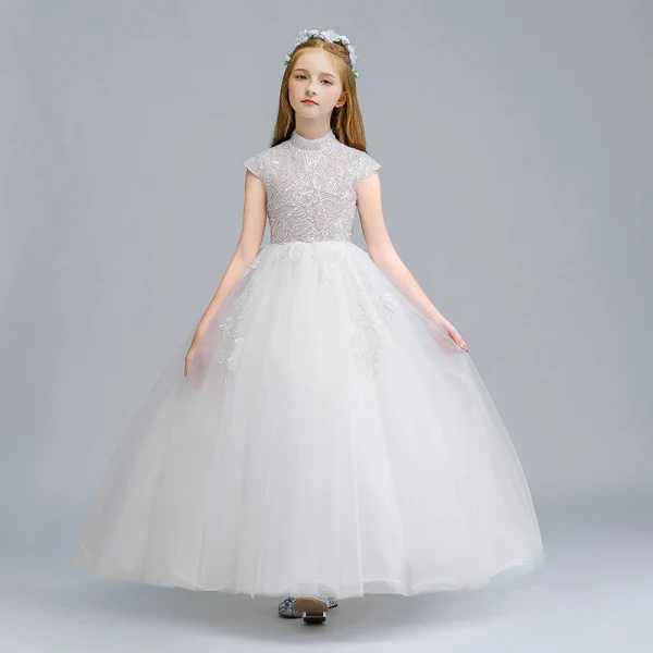 Vintage / Retro White Flower Girl Dresses 2020 Ball Gown High Neck Sleeveless Appliques Lace Floor-Length / Long Ruffle