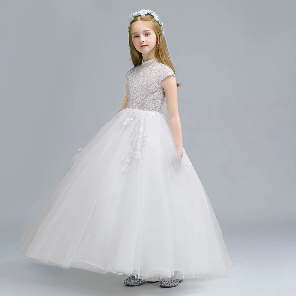 Vintage / Retro White Flower Girl Dresses 2020 Ball Gown High Neck Sleeveless Appliques Lace Floor-Length / Long Ruffle