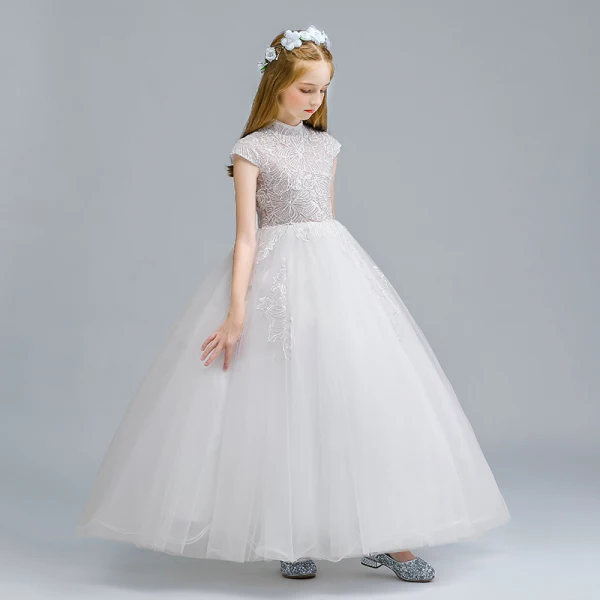 Vintage / Retro White Flower Girl Dresses 2020 Ball Gown High Neck Sleeveless Appliques Lace Floor-Length / Long Ruffle