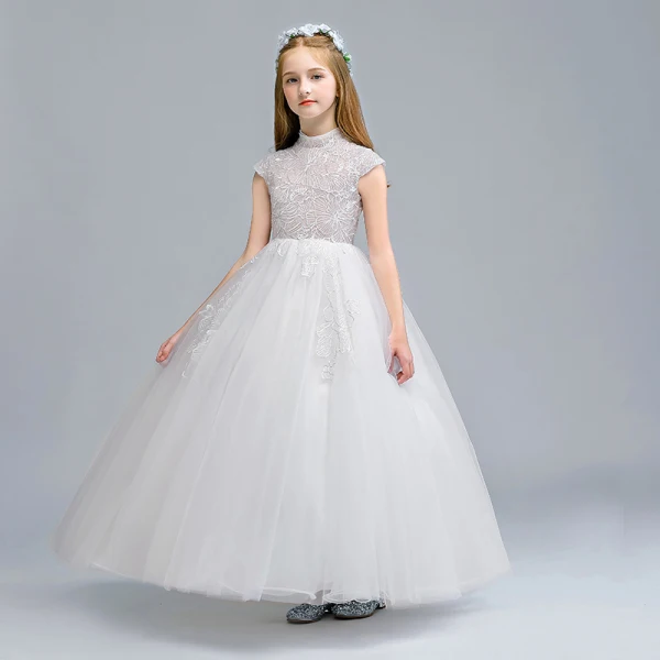 Vintage / Retro White Flower Girl Dresses 2020 Ball Gown High Neck Sleeveless Appliques Lace Floor-Length / Long Ruffle