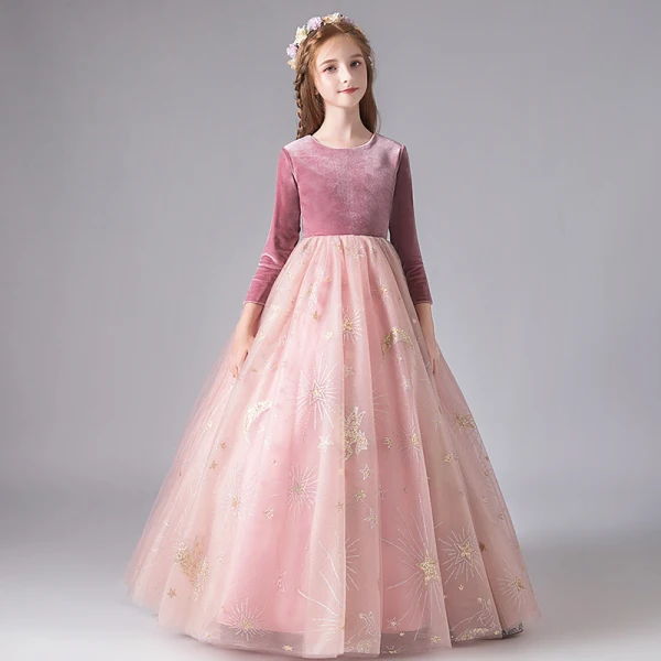Chic / Beautiful Blushing Pink Birthday Flower Girl Dresses 2020 Ball Gown Scoop Neck Long Sleeve Sequins Floor-Length / Long Ruffle