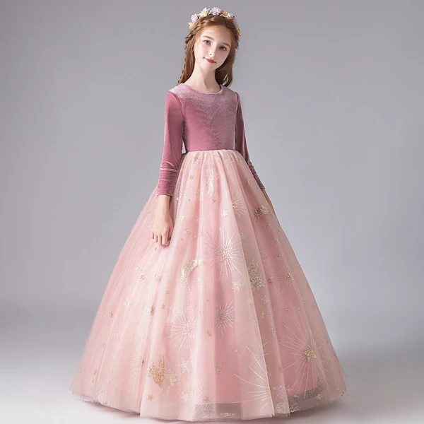 Chic / Beautiful Blushing Pink Birthday Flower Girl Dresses 2020 Ball Gown Scoop Neck Long Sleeve Sequins Floor-Length / Long Ruffle