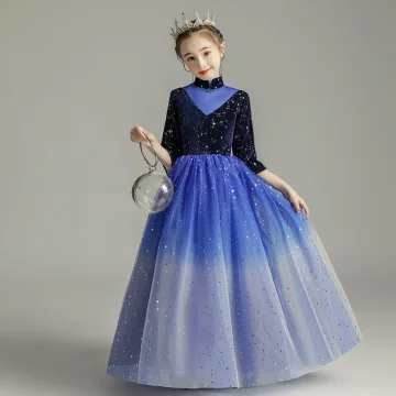 Ciel Étoilé Bleu Roi Anniversaire Robe Ceremonie Fille 2020 Robe Boule Col Haut 3 4 Manches Étoile Paillettes Longue Volants