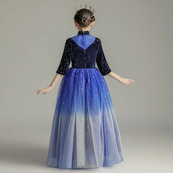 Starry Sky Royal Blue Birthday Flower Girl Dresses 2020 Ball Gown High Neck 3/4 Sleeve Star Sequins Floor-Length / Long Ruffle