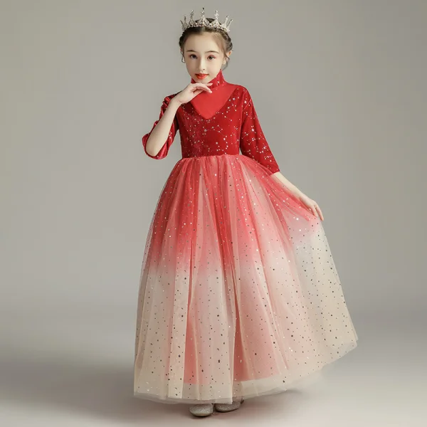Starry Sky Royal Blue Birthday Flower Girl Dresses 2020 Ball Gown High Neck 3/4 Sleeve Star Sequins Floor-Length / Long Ruffle