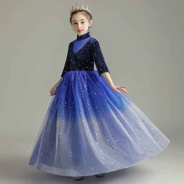 Starry Sky Royal Blue Birthday Flower Girl Dresses 2020 Ball Gown High Neck 3/4 Sleeve Star Sequins Floor-Length / Long Ruffle
