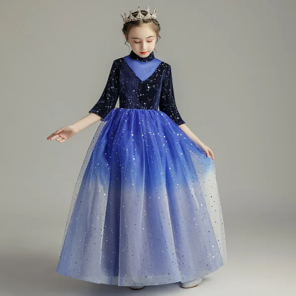 Starry Sky Royal Blue Birthday Flower Girl Dresses 2020 Ball Gown High Neck 3/4 Sleeve Star Sequins Floor-Length / Long Ruffle