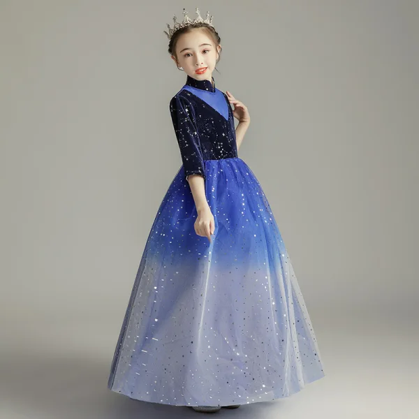 Starry Sky Royal Blue Birthday Flower Girl Dresses 2020 Ball Gown High Neck 3/4 Sleeve Star Sequins Floor-Length / Long Ruffle