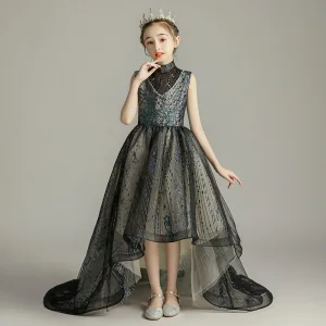 High Low Black Birthday Flower Girl Dresses 2020 Ball Gown High Neck Sleeveless Beading Pearl Rhinestone Sequins Asymmetrical Ruffle