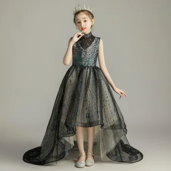 High Low Black Birthday Flower Girl Dresses 2020 Ball Gown High Neck Sleeveless Beading Pearl Rhinestone Sequins Asymmetrical Ruffle