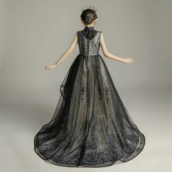 High Low Black Birthday Flower Girl Dresses 2020 Ball Gown High Neck Sleeveless Beading Pearl Rhinestone Sequins Asymmetrical Ruffle