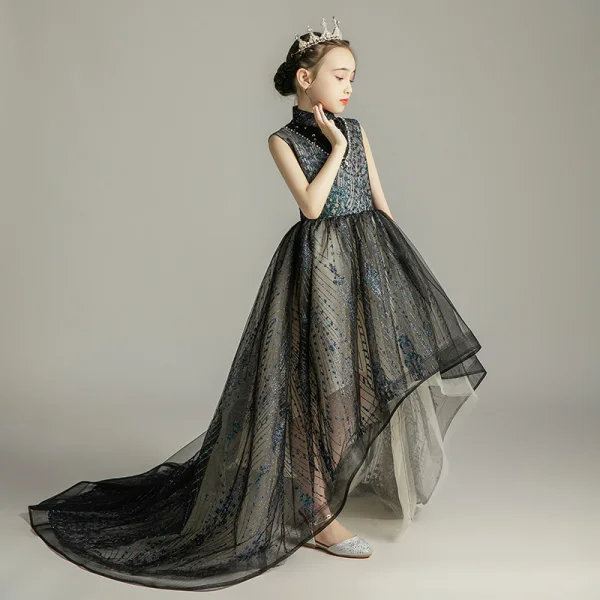 High Low Black Birthday Flower Girl Dresses 2020 Ball Gown High Neck Sleeveless Beading Pearl Rhinestone Sequins Asymmetrical Ruffle