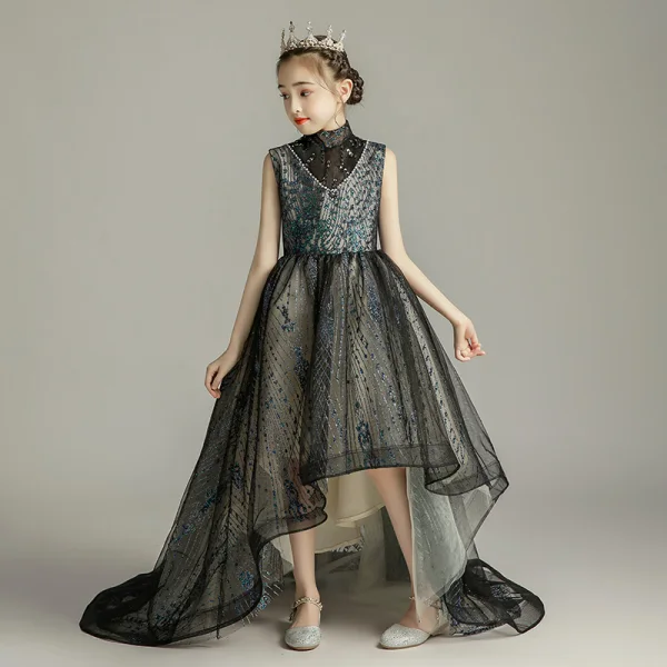 High Low Black Birthday Flower Girl Dresses 2020 Ball Gown High Neck Sleeveless Beading Pearl Rhinestone Sequins Asymmetrical Ruffle