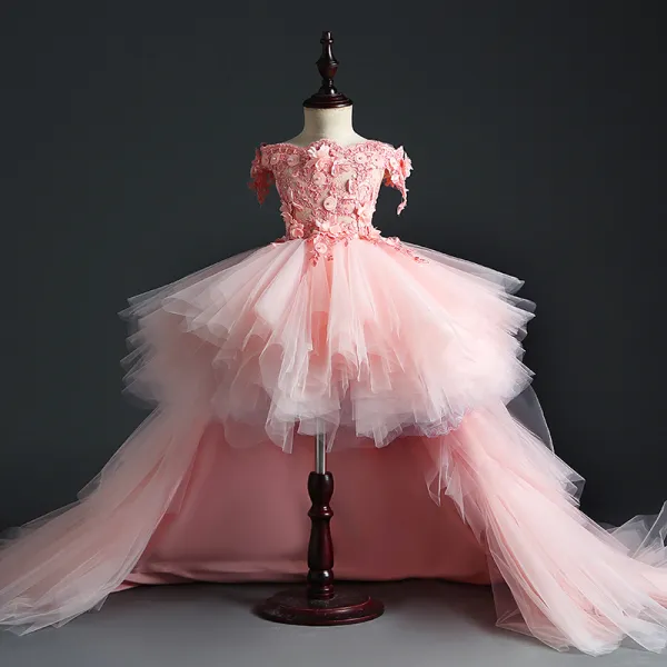 Wróżka Kwiatowa Różowy Perłowy Urodziny Sukienki Dla Dziewczynek 2020 Suknia Balowa Przy Ramieniu Kótkie Rękawy Aplikacje Kwiat Frezowanie Perła Trenem Sąd Kaskadowe Falbany