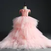 Flower Fairy Pearl Pink Birthday Flower Girl Dresses 2020 Ball Gown Off-The-Shoulder Short Sleeve Appliques Flower Beading Pearl Court Train Cascading Ruffles