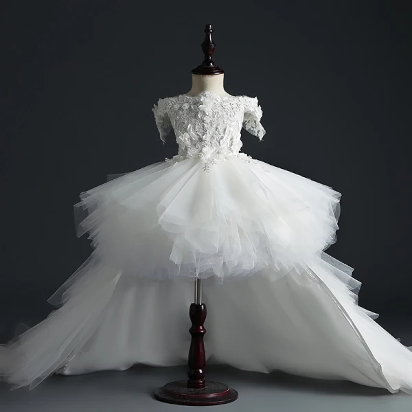 Fée Des Fleurs Perle Rose Anniversaire Robe Ceremonie Fille 2020 Robe Boule De l'épaule Manches Courtes Appliques Fleur Perlage Perle Tribunal Train Volants en Cascade