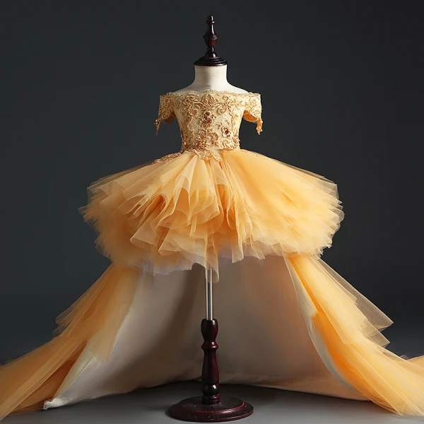 Fée Des Fleurs Perle Rose Anniversaire Robe Ceremonie Fille 2020 Robe Boule De l'épaule Manches Courtes Appliques Fleur Perlage Perle Tribunal Train Volants en Cascade