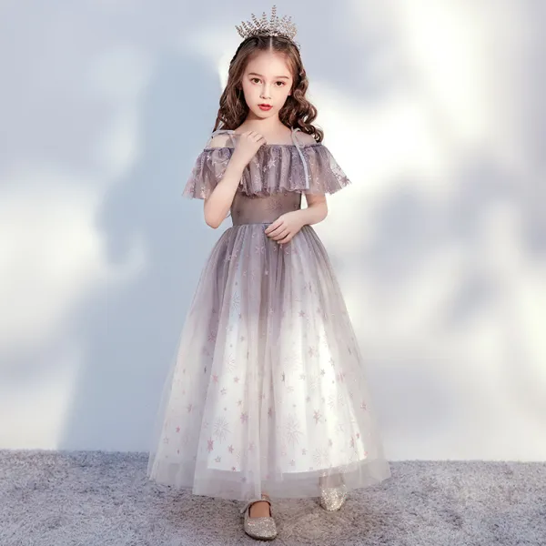 Chic / Beautiful Brown Birthday Flower Girl Dresses 2020 Ball Gown Off-The-Shoulder Short Sleeve Backless Glitter Tulle Ankle Length Ruffle