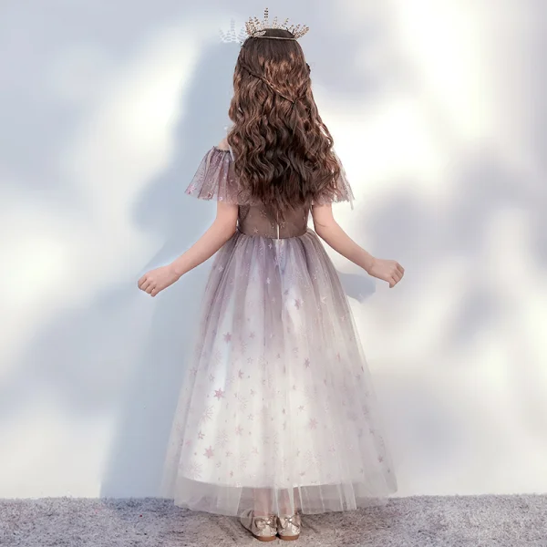 Chic / Beautiful Brown Birthday Flower Girl Dresses 2020 Ball Gown Off-The-Shoulder Short Sleeve Backless Glitter Tulle Ankle Length Ruffle Chic / Beautiful Brown Birthday Flower Girl Dresses 2020 Ball Gown Off-The-Shoulder Short Sleeve Backless Glitter Tulle Ankle Length Ruffle