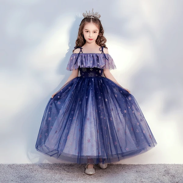Chic / Beautiful Brown Birthday Flower Girl Dresses 2020 Ball Gown Off-The-Shoulder Short Sleeve Backless Glitter Tulle Ankle Length Ruffle