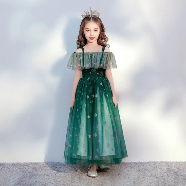 Chic / Beautiful Brown Birthday Flower Girl Dresses 2020 Ball Gown Off-The-Shoulder Short Sleeve Backless Glitter Tulle Ankle Length Ruffle