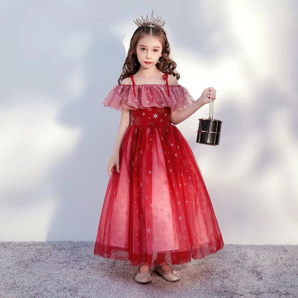 Chic / Beautiful Brown Birthday Flower Girl Dresses 2020 Ball Gown Off-The-Shoulder Short Sleeve Backless Glitter Tulle Ankle Length Ruffle
