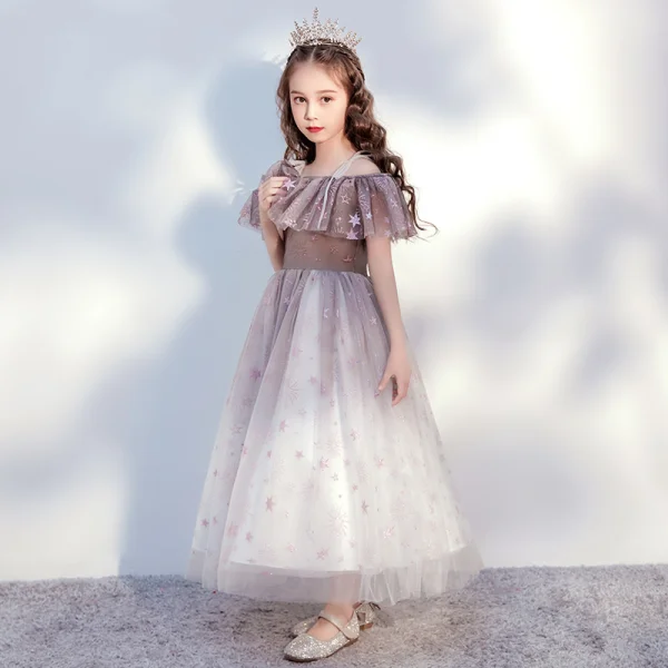 Chic / Beautiful Brown Birthday Flower Girl Dresses 2020 Ball Gown Off-The-Shoulder Short Sleeve Backless Glitter Tulle Ankle Length Ruffle