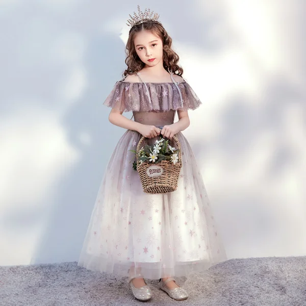 Chic / Beautiful Brown Birthday Flower Girl Dresses 2020 Ball Gown Off-The-Shoulder Short Sleeve Backless Glitter Tulle Ankle Length Ruffle