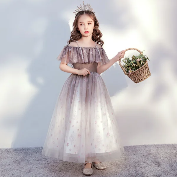 Chic / Beautiful Brown Birthday Flower Girl Dresses 2020 Ball Gown Off-The-Shoulder Short Sleeve Backless Glitter Tulle Ankle Length Ruffle