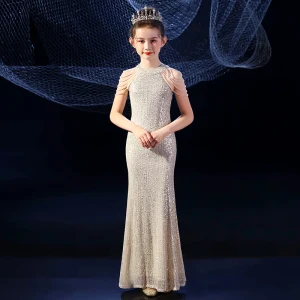 Scintillantes Doré Paillettes Anniversaire Robe Ceremonie Fille 2020 Trompette Sirène Encolure Dégagée Sans Manches Perlage Longue