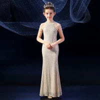 Sparkly Gold Sequins Birthday Flower Girl Dresses 2020 Trumpet / Mermaid Scoop Neck Sleeveless Beading Floor-Length / Long