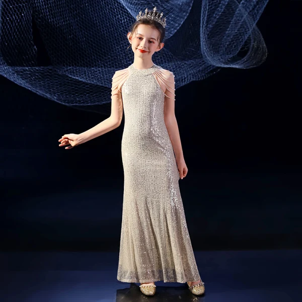 Sparkly Gold Sequins Birthday Flower Girl Dresses 2020 Trumpet / Mermaid Scoop Neck Sleeveless Beading Floor-Length / Long