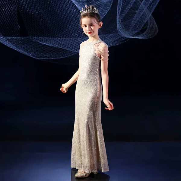 Sparkly Gold Sequins Birthday Flower Girl Dresses 2020 Trumpet / Mermaid Scoop Neck Sleeveless Beading Floor-Length / Long