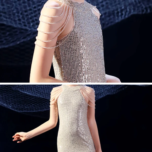 Sparkly Gold Sequins Birthday Flower Girl Dresses 2020 Trumpet / Mermaid Scoop Neck Sleeveless Beading Floor-Length / Long