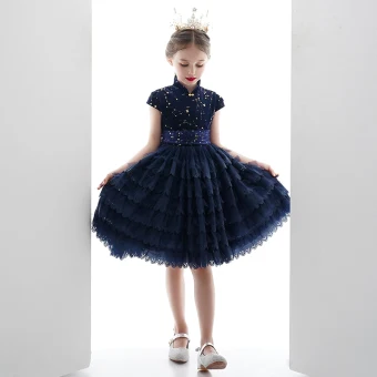 Vintage Originale Bleu Marine Dentelle Anniversaire Robe Ceremonie Fille 2020 Robe Boule Col Haut Sans Manches Étoile Brodé Courte Volants En Cascade