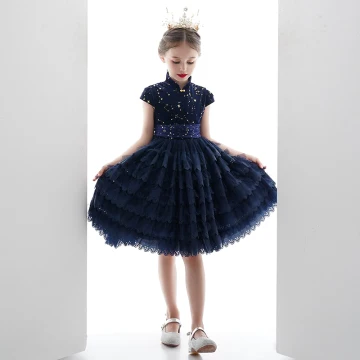 Vintage Retro Navy Blue Lace Birthday Flower Girl Dresses 2020 Ball Gown High Neck Sleeveless Star Embroidered Short Cascading Ruffles