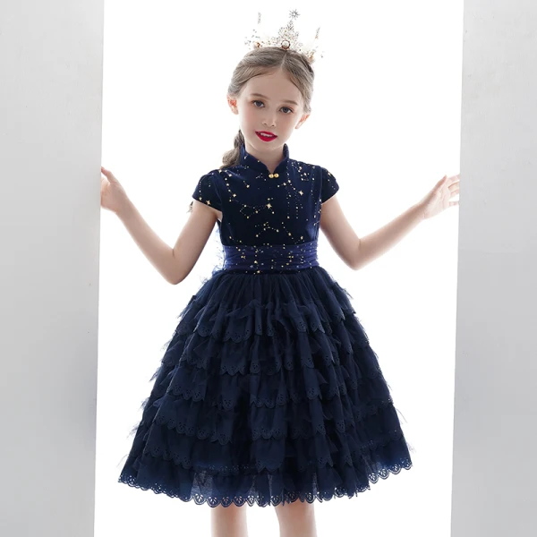 Vintage / Retro Navy Blue Lace Birthday Flower Girl Dresses 2020 Ball Gown High Neck Sleeveless Star Embroidered Short Cascading Ruffles
