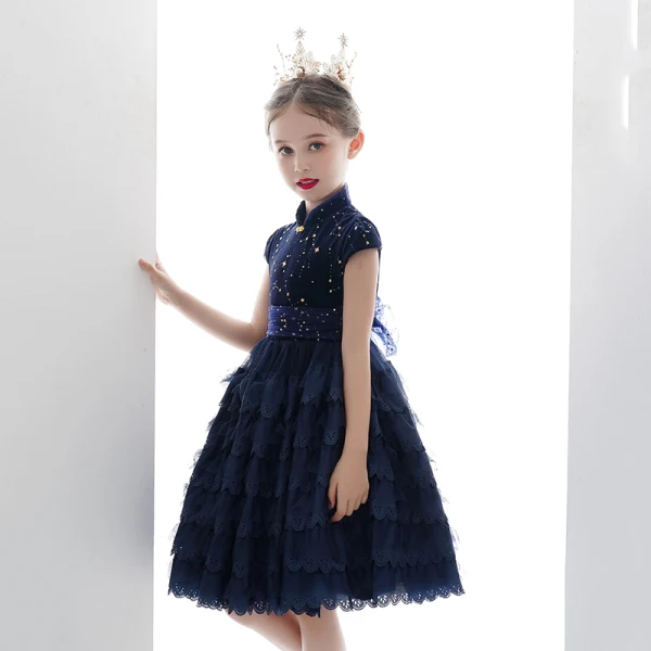 Vintage / Retro Navy Blue Lace Birthday Flower Girl Dresses 2020 Ball Gown High Neck Sleeveless Star Embroidered Short Cascading Ruffles