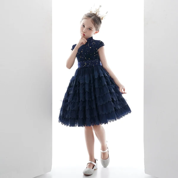 Vintage / Retro Navy Blue Lace Birthday Flower Girl Dresses 2020 Ball Gown High Neck Sleeveless Star Embroidered Short Cascading Ruffles