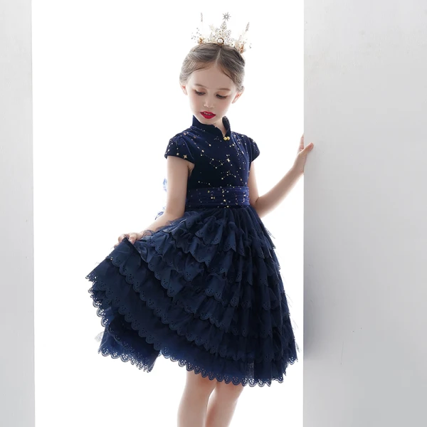Vintage / Retro Navy Blue Lace Birthday Flower Girl Dresses 2020 Ball Gown High Neck Sleeveless Star Embroidered Short Cascading Ruffles