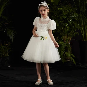 Vintage Retro White Flower Girl Dresses 2020 Ball Gown High Neck Puffy Short Sleeve Beading Knee Length Ruffle