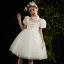 Vintage / Retro White Flower Girl Dresses 2020 Ball Gown High Neck Puffy Short Sleeve Beading Knee-Length Ruffle