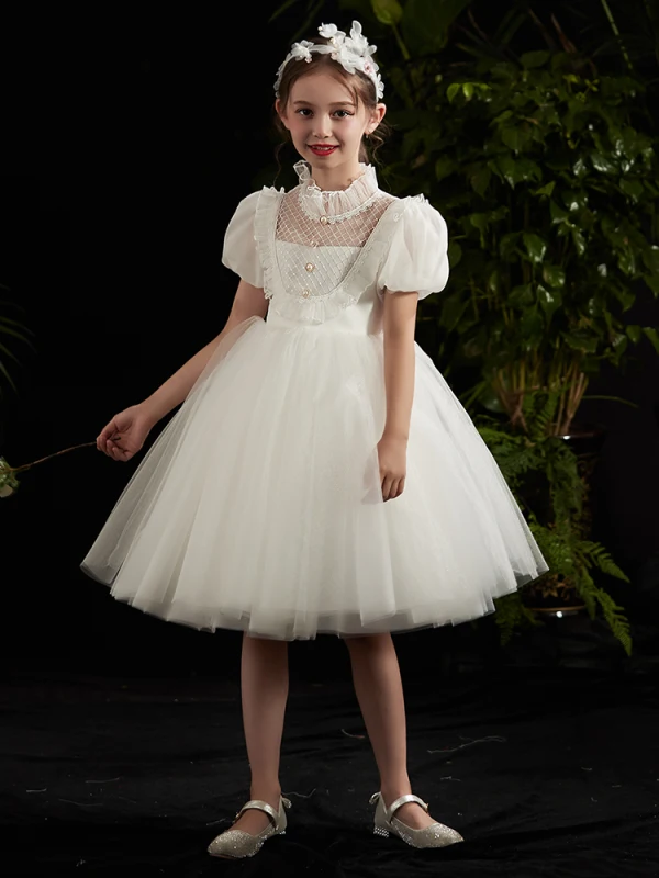Vintage / Retro White Flower Girl Dresses 2020 Ball Gown High Neck Puffy Short Sleeve Beading Knee-Length Ruffle