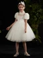 Vintage / Retro White Flower Girl Dresses 2020 Ball Gown High Neck Puffy Short Sleeve Beading Knee-Length Ruffle