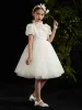 Vintage / Retro White Flower Girl Dresses 2020 Ball Gown High Neck Puffy Short Sleeve Beading Knee-Length Ruffle